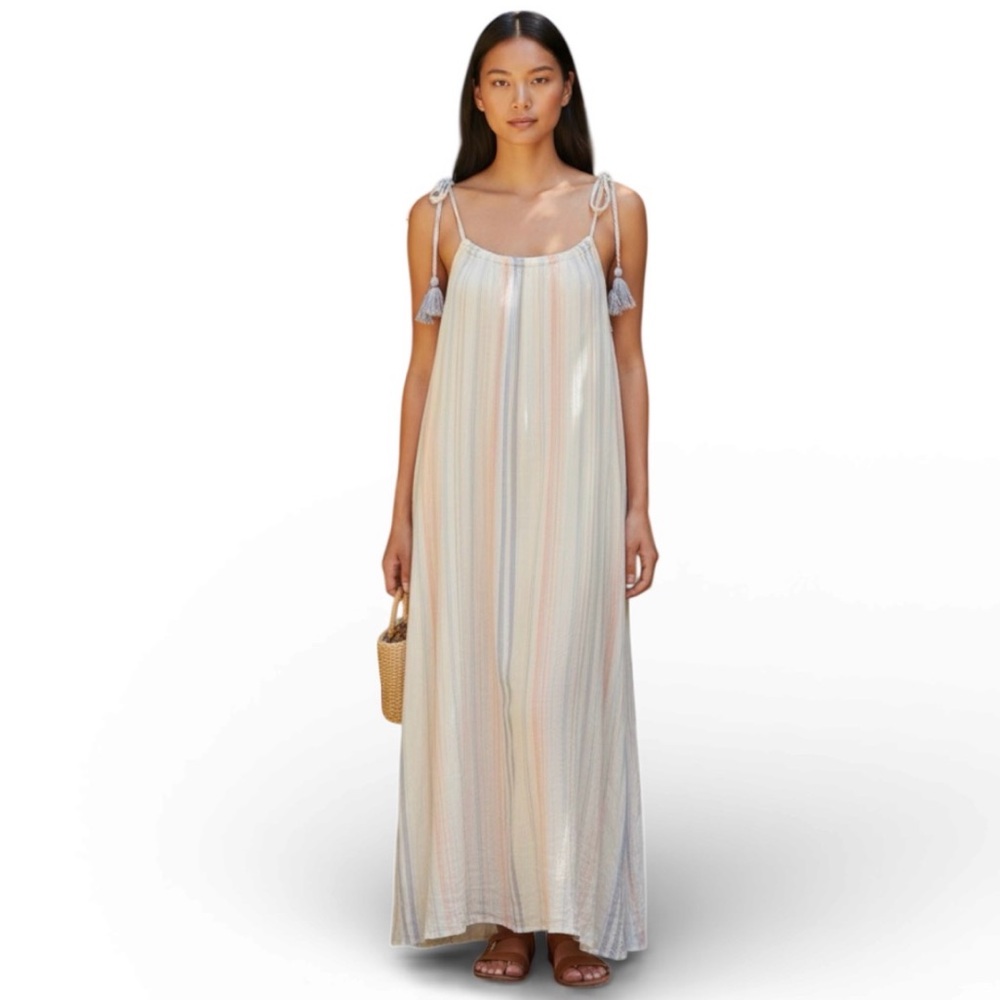 Hem & Thread Maxi Dress Striped Multicolor Yellow Pink Cream Large EUC Boho